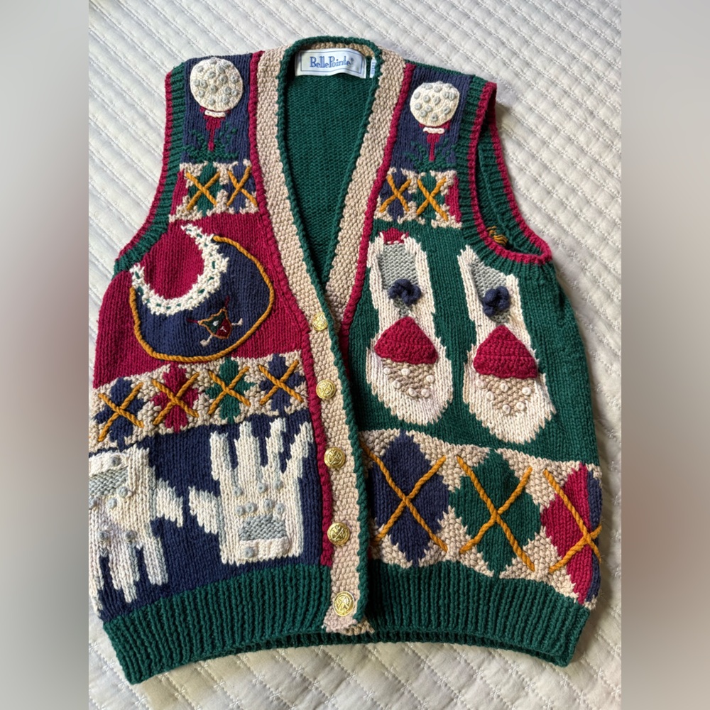 Vintage Belle Pointe Cardigan‎ Knit Sweater Golf Vest